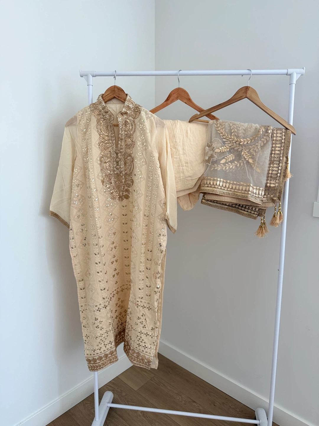 Beautiful Cream Gold Embroidered 3-Piece Suit