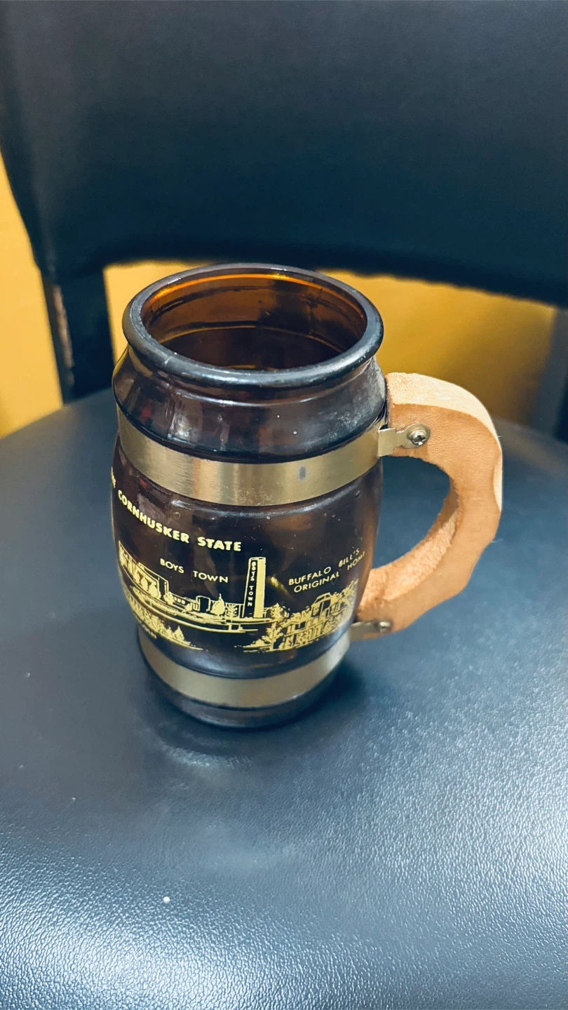 Vintage Nebraska Amber Glass Mug with Leather Handle