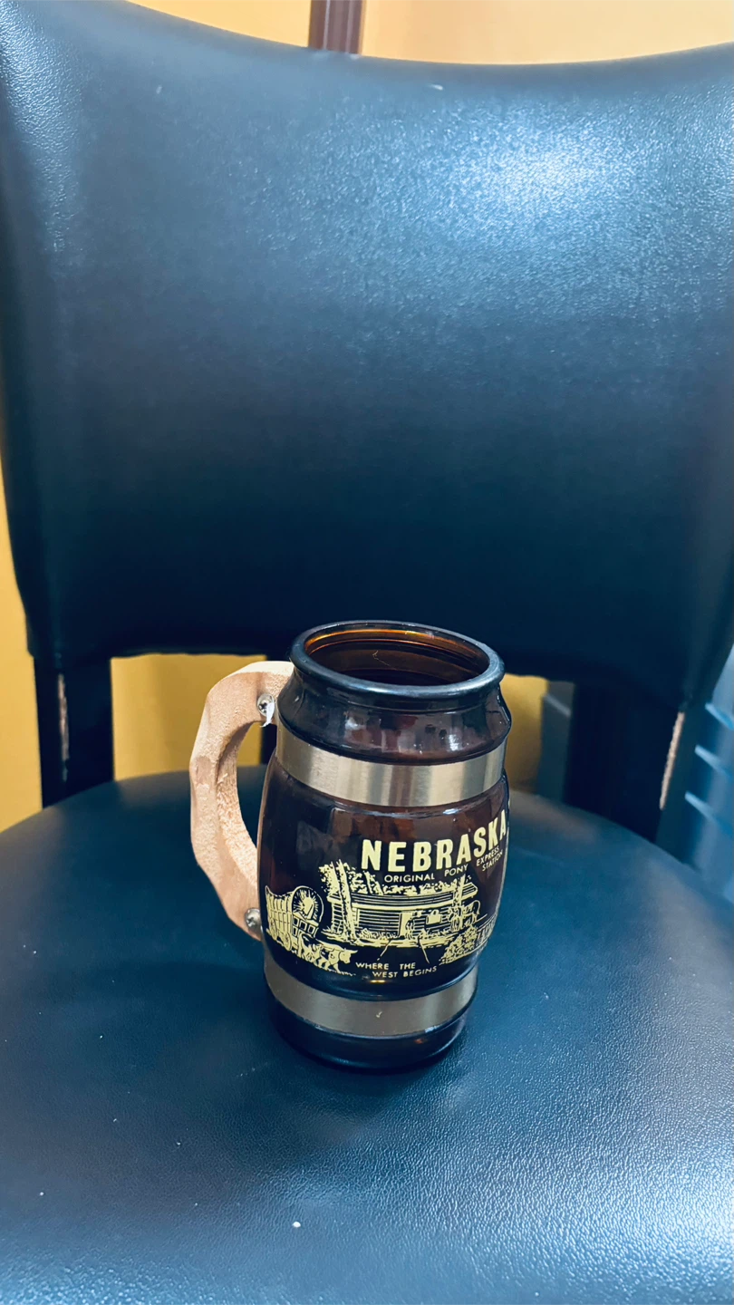 Vintage Nebraska Amber Glass Mug with Leather Handle - photo 2