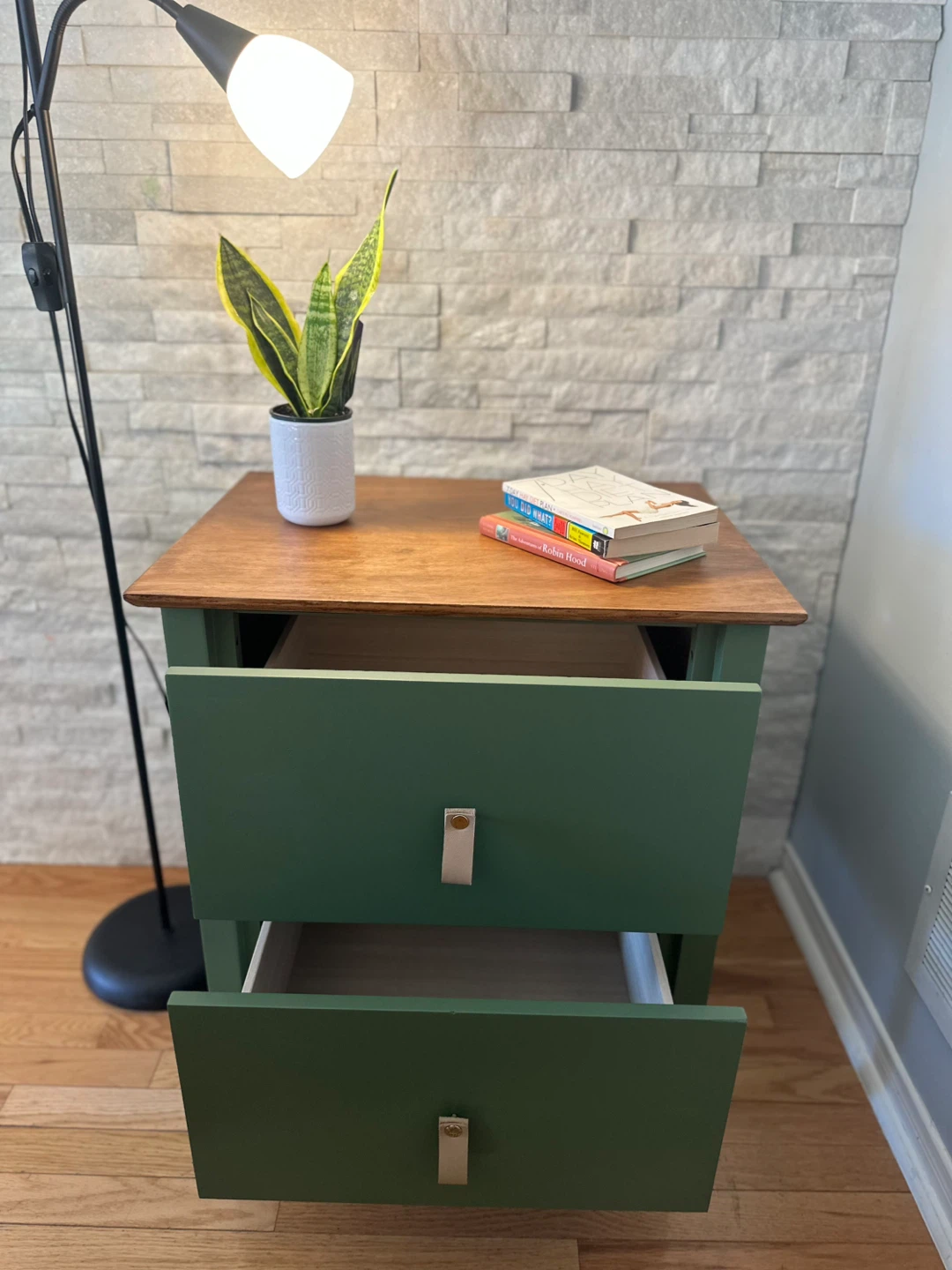 Green two-drawer nightstand with wood top - photo 3