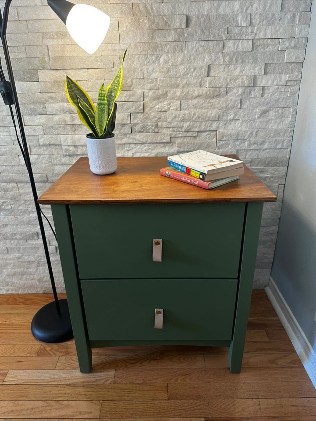 Green two-drawer nightstand with wood top - photo 4