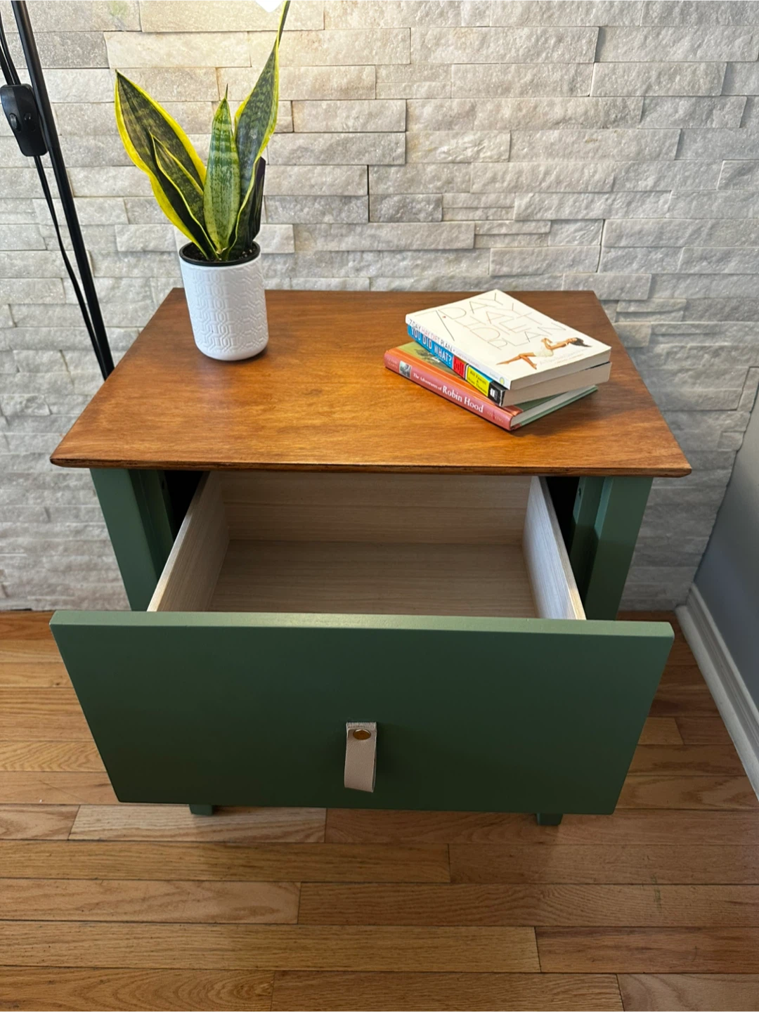 Green two-drawer nightstand with wood top - photo 2