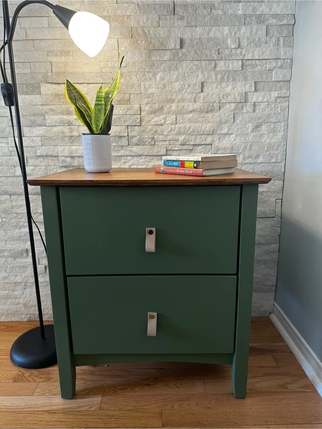 Green two-drawer nightstand with wood top - photo 5