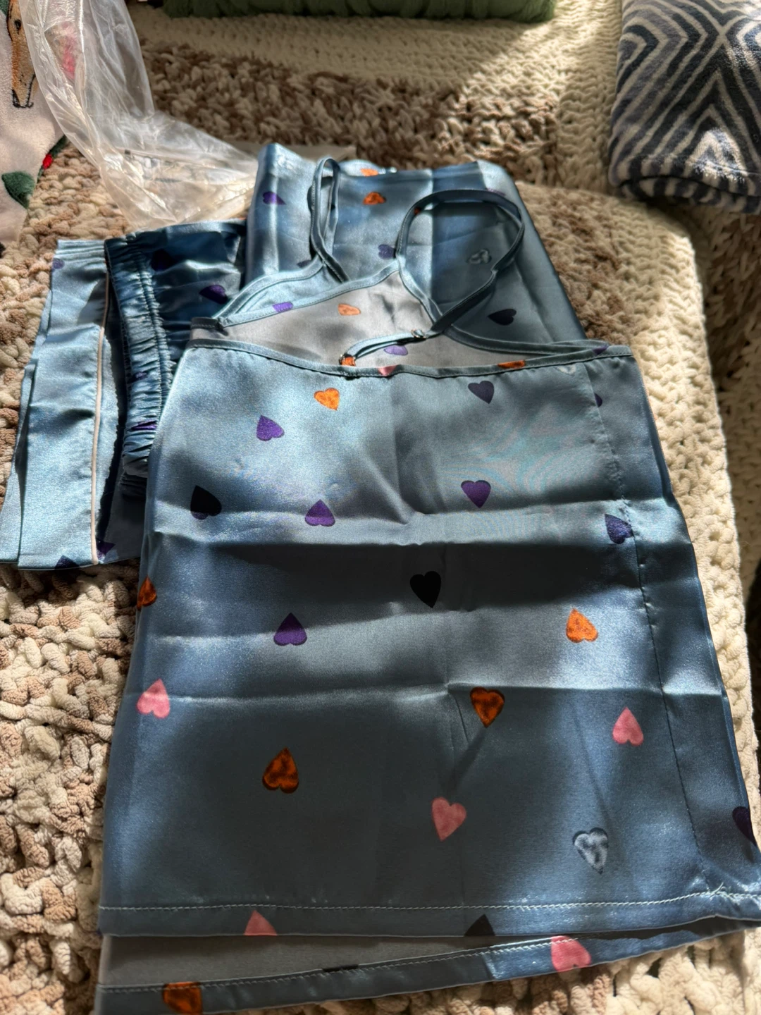 Silk Pajama Set - Blue with Hearts