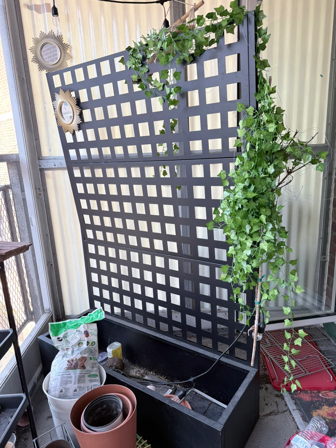 Black Lattice Planter Box with Artificial Ivy