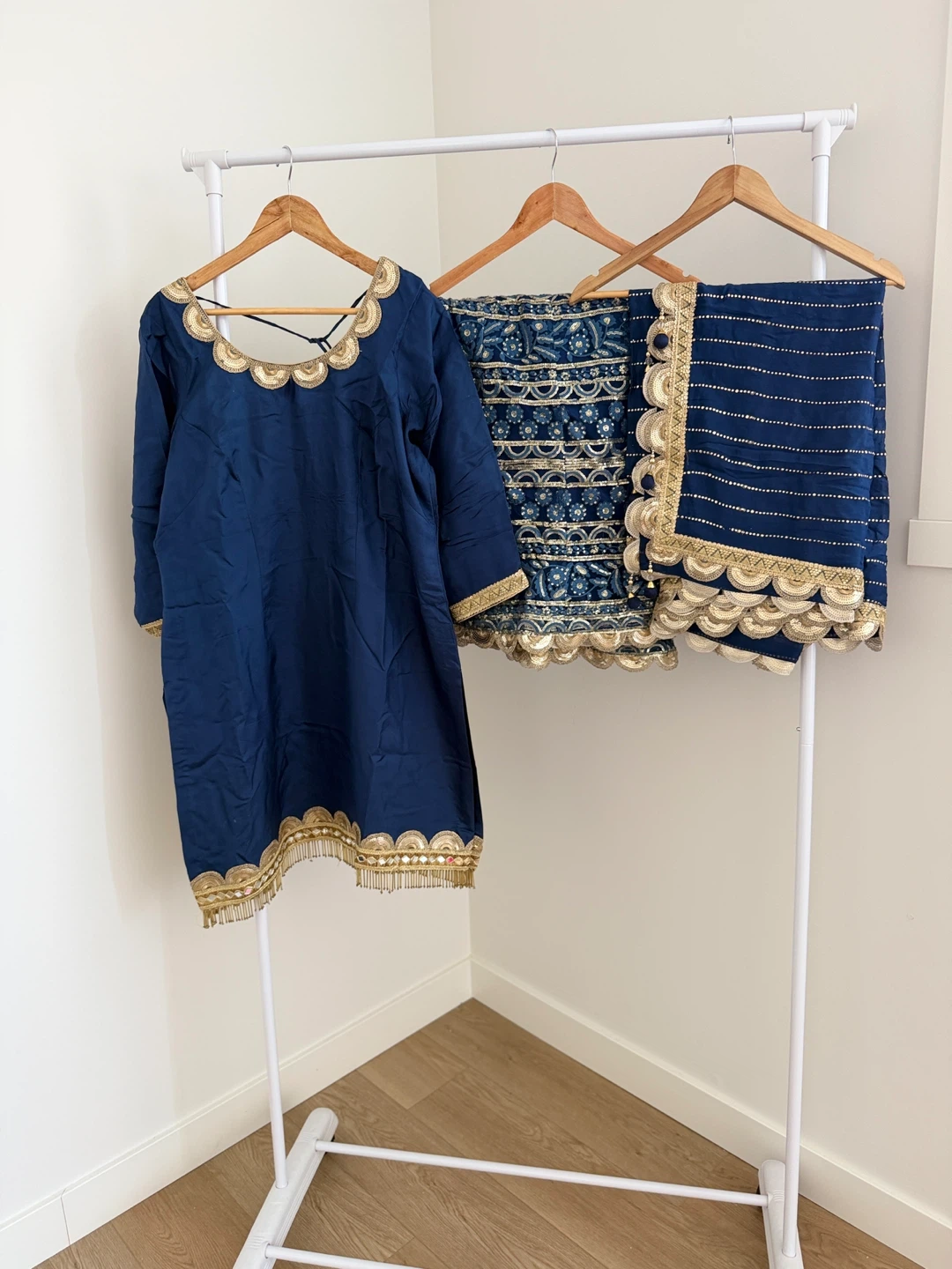 Blue Pakistani Sharara Set with Gold Embroidery