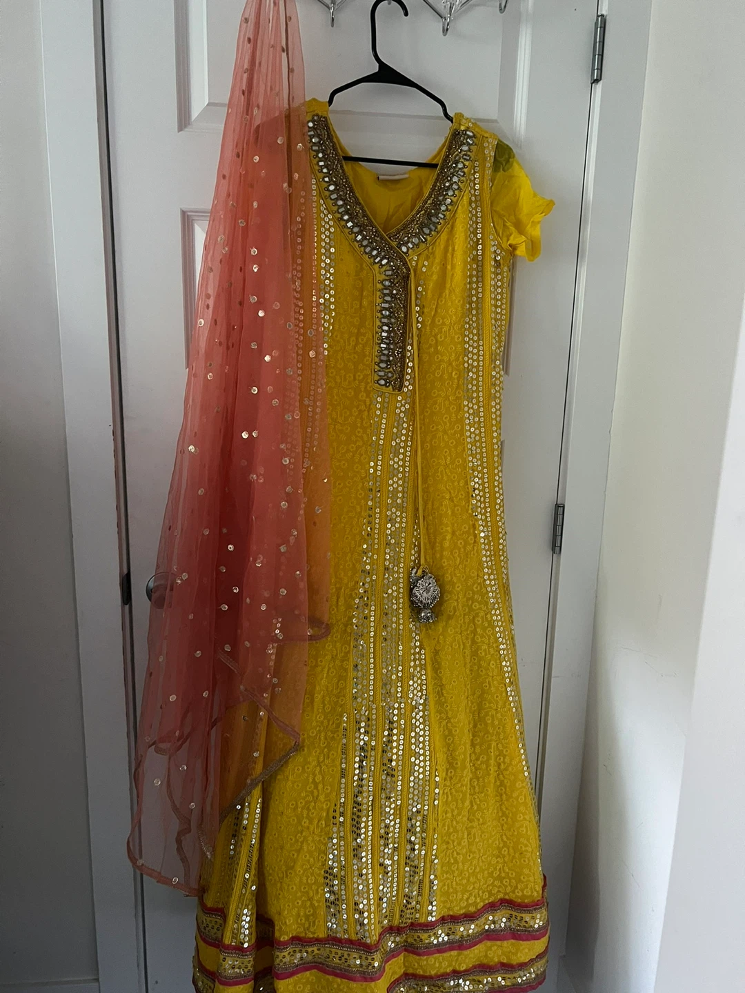 Yellow Embroidered grown with Pink Dupatta
