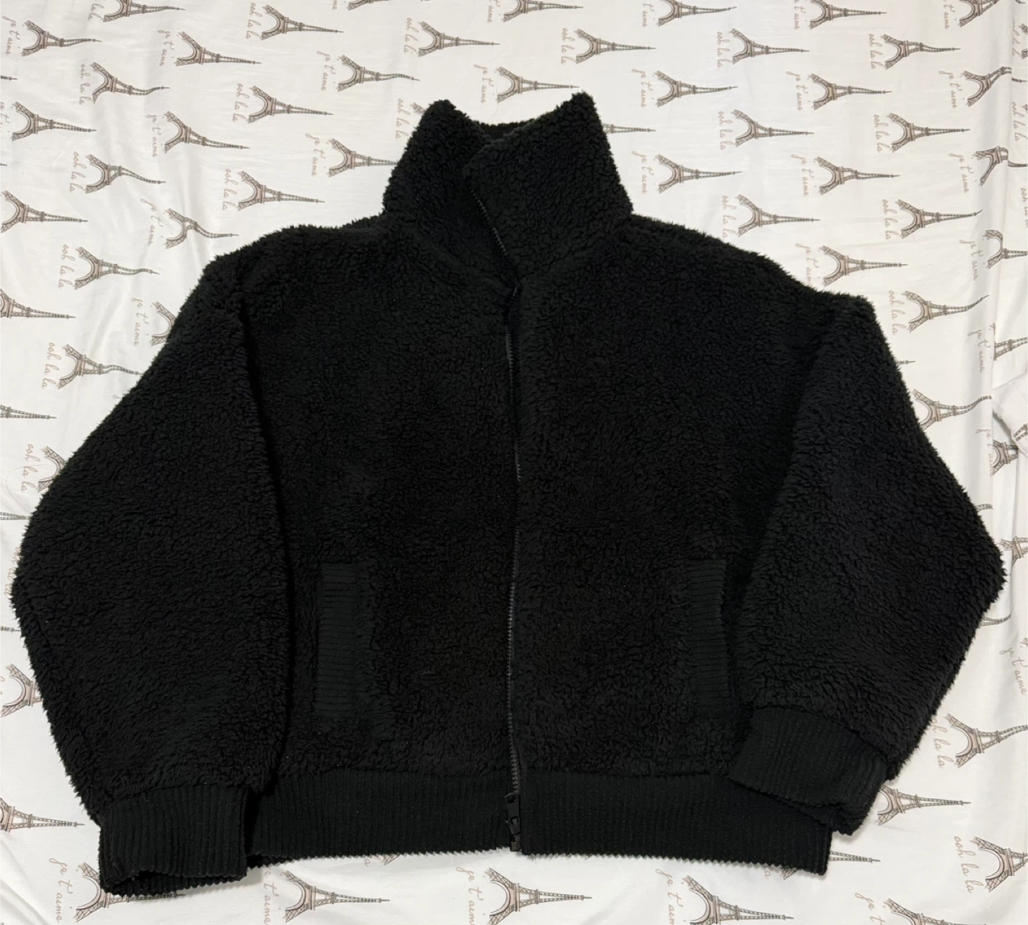 Black Fuzzy Fleece Zip-Up Jacket