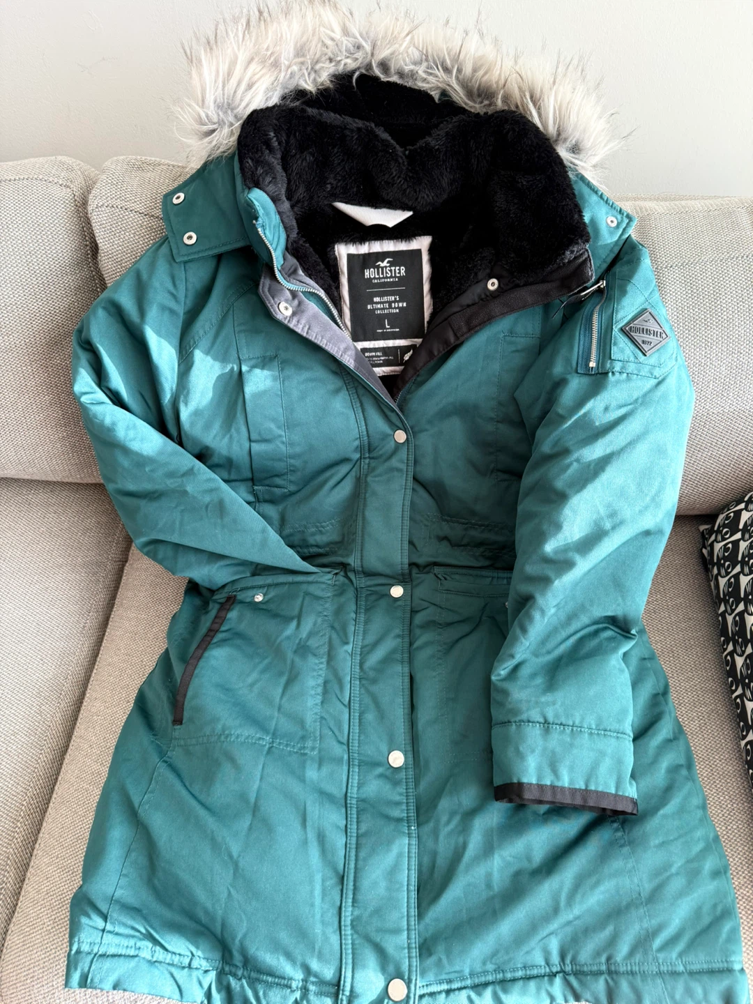 Hollister Women's Down Parka - Teal, Size L