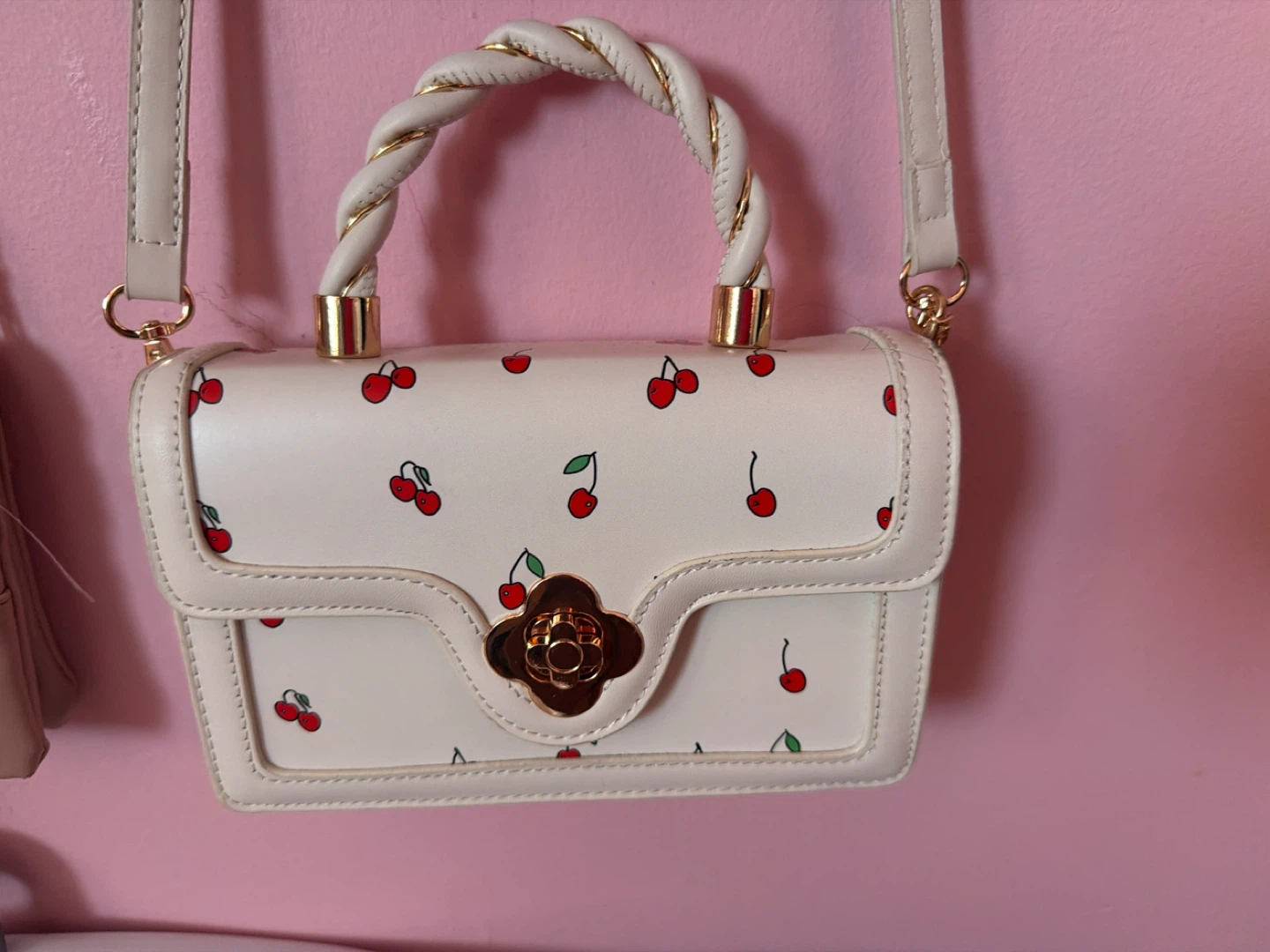 White Cherry Print Handbag with Gold Accents