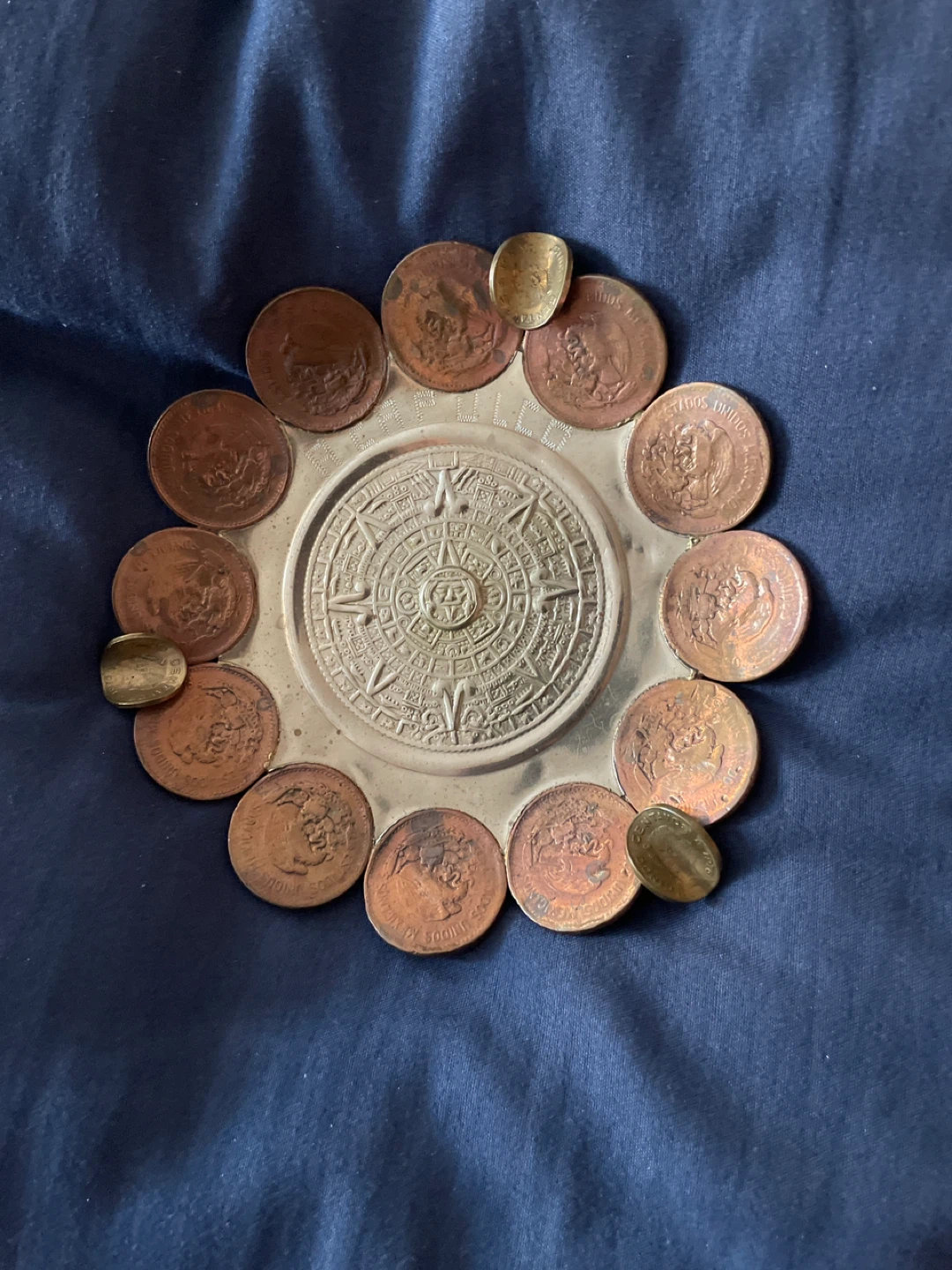 Ornate Aztec Calendar Dish with Coin Border