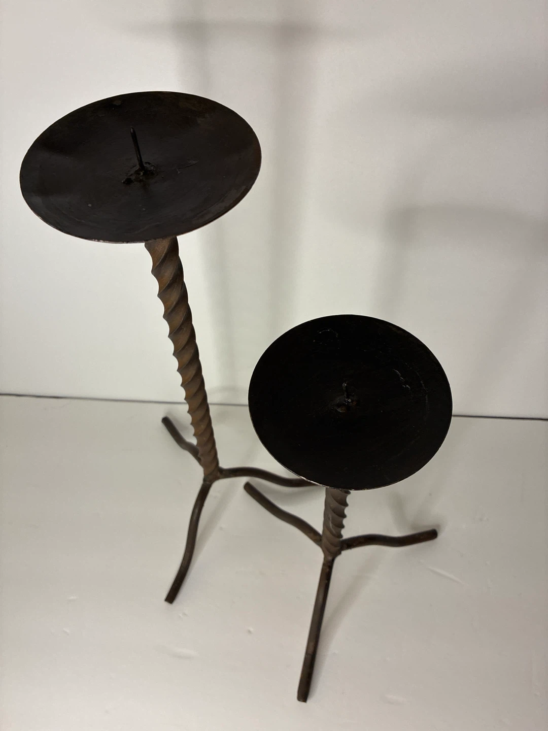 Pair Forged Iron Twist Pillar Candle Holders – Rustic / Gothic - photo 2