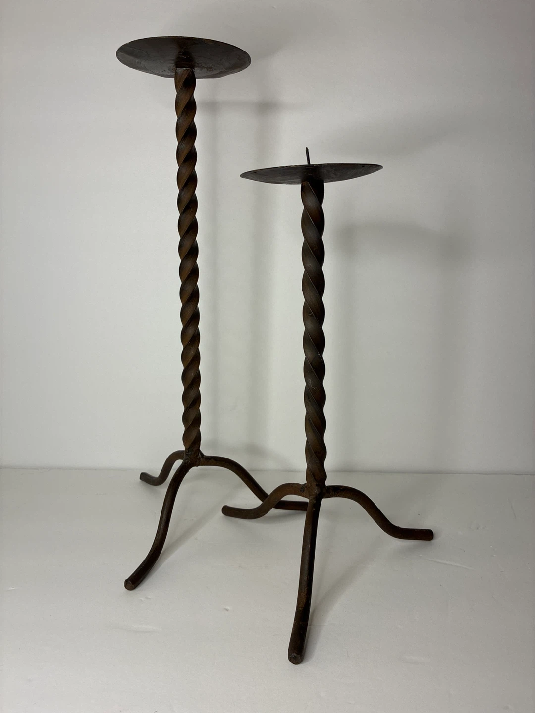 Pair Forged Iron Twist Pillar Candle Holders – Rustic / Gothic