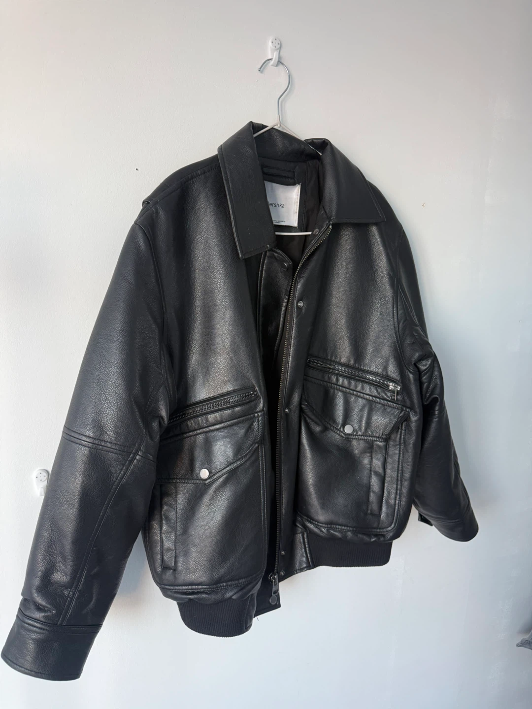 Bershka Black Faux Leather Bomber Jacket