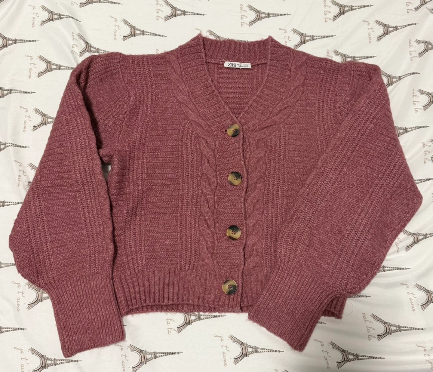 ZARA Pink Cable Knit Button-Up Cardigan