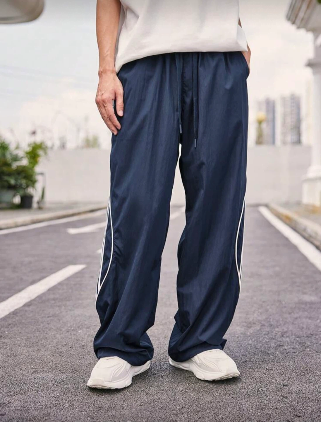 Navy Blue Track Pants with White Piping - L
