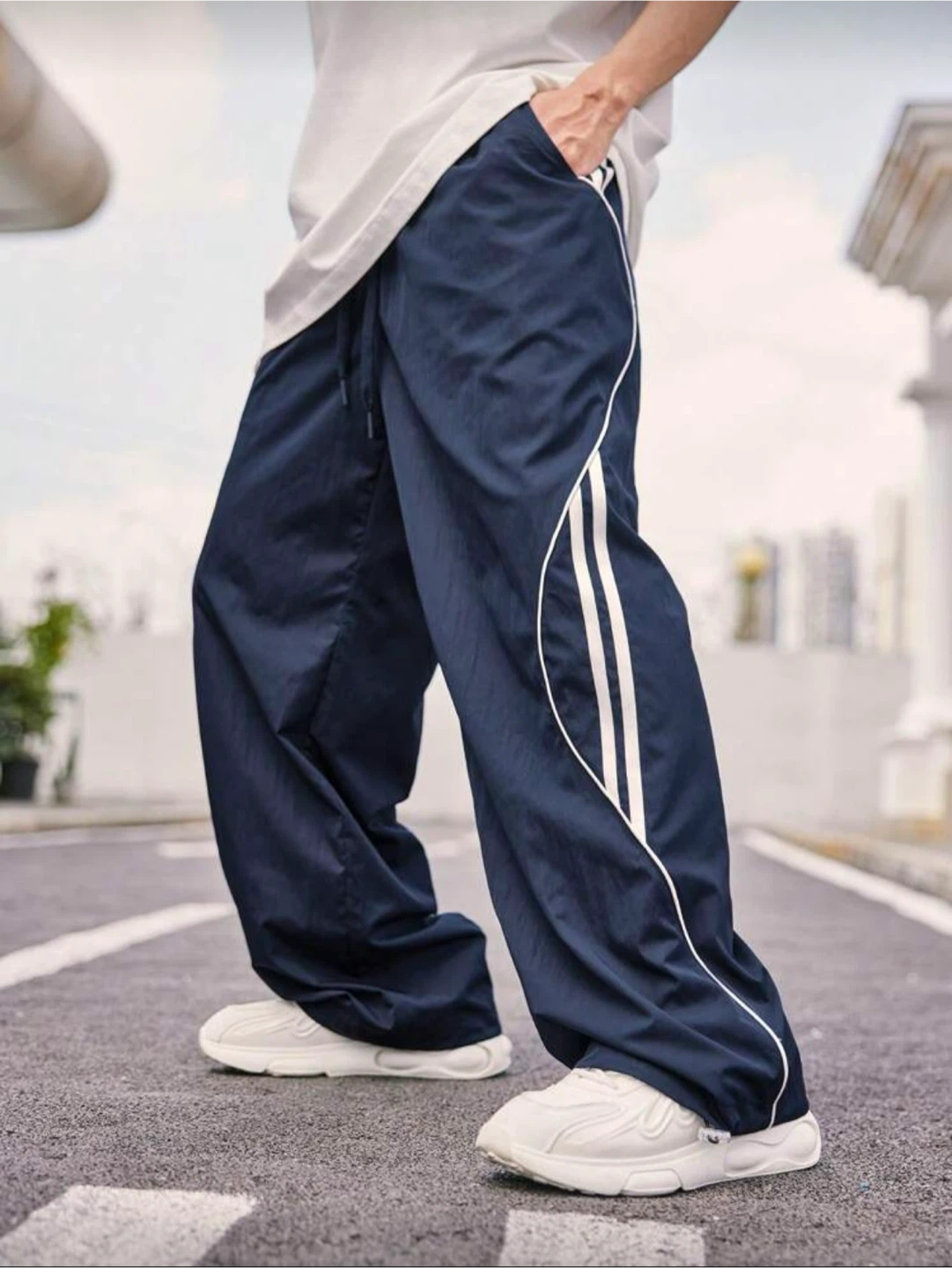 Navy Blue Track Pants with White Piping - L - photo 2