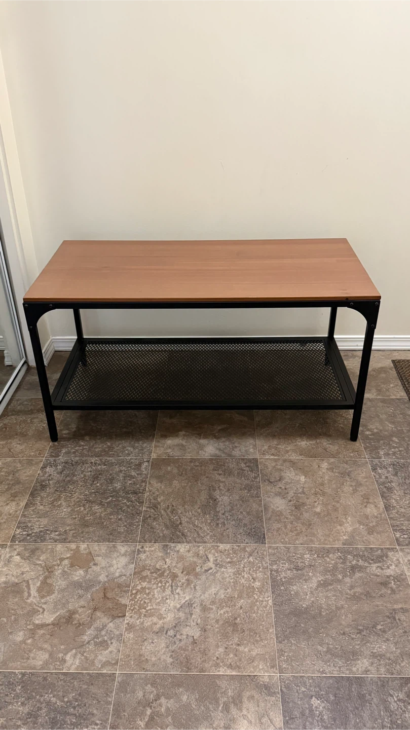 Coffee Table with Wooden Top and Black Metal Mesh Shelf