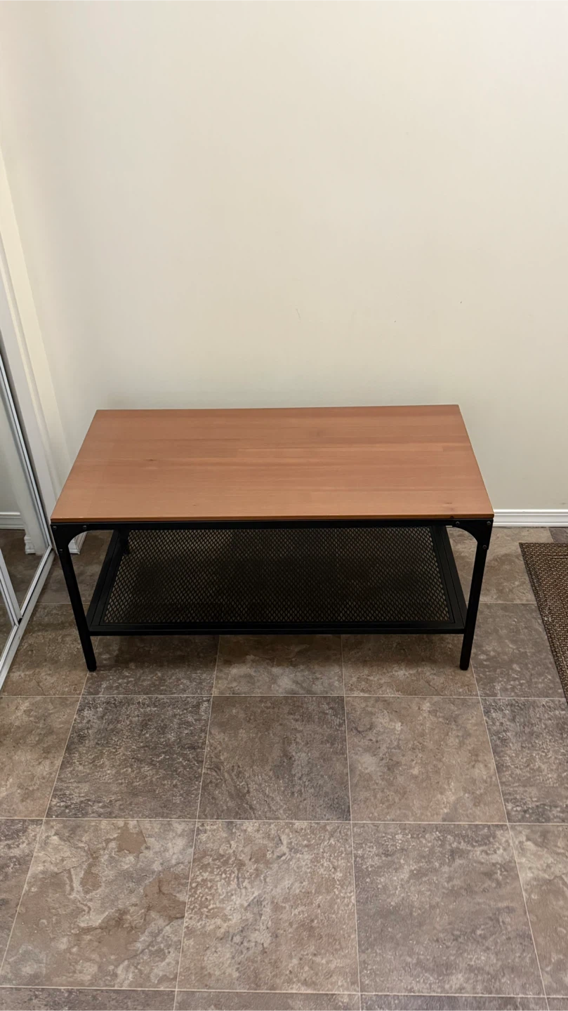 Coffee Table with Wooden Top and Black Metal Mesh Shelf - photo 2