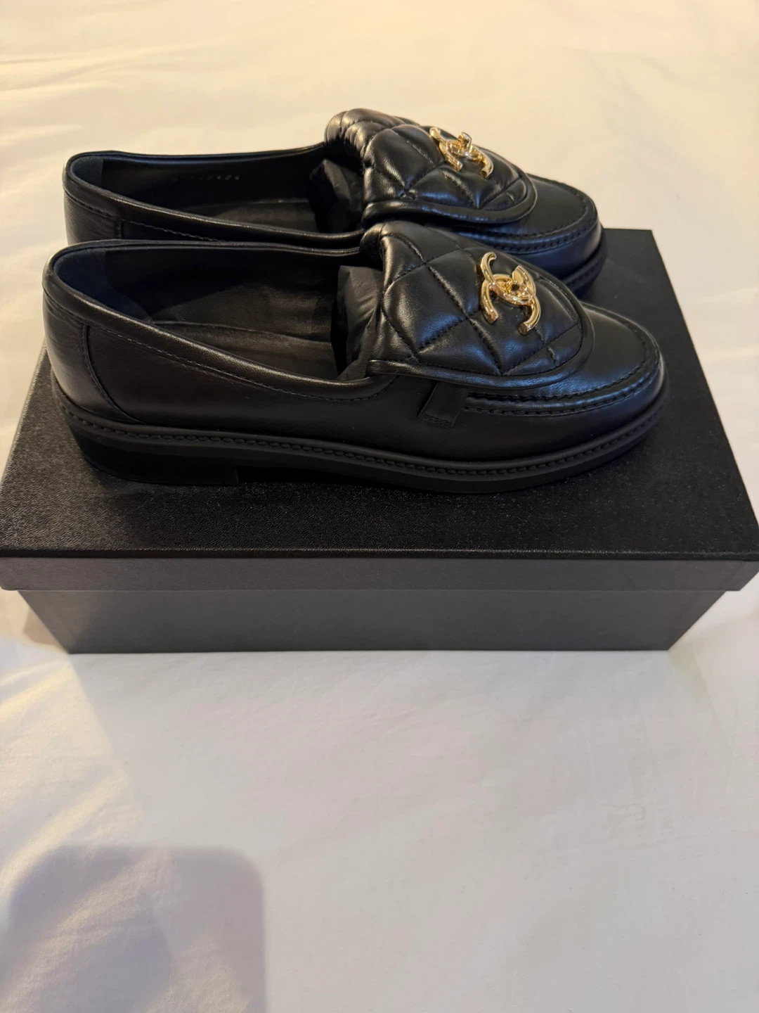 Chanel New Black Leather Quilted Loafers