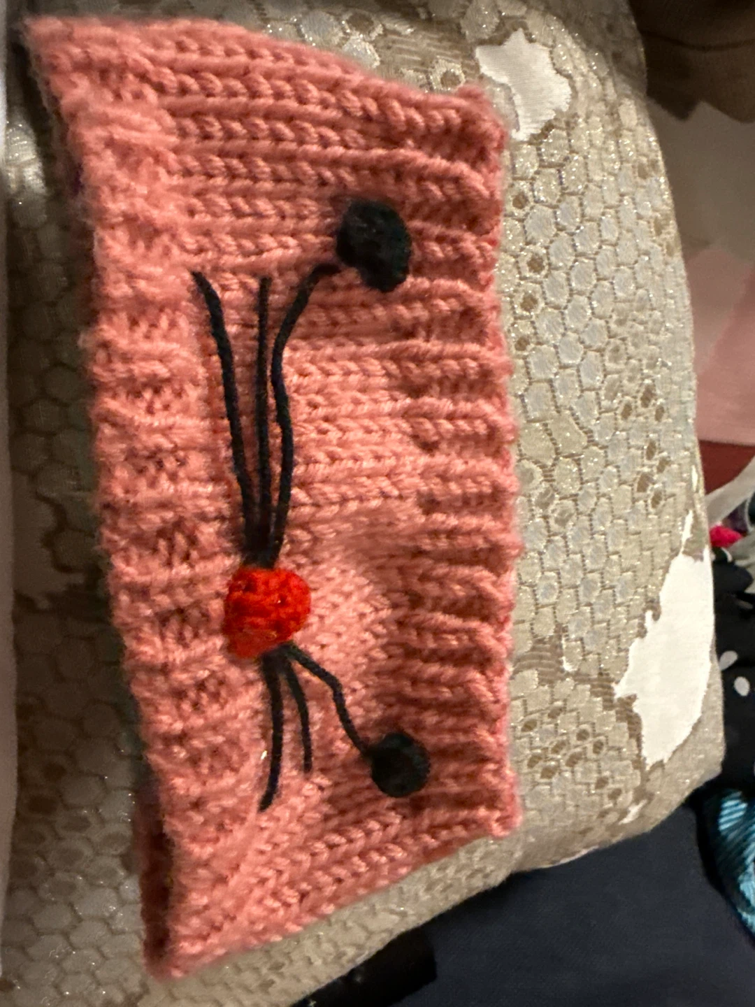 Pink Knit Headband with Ladybug Design