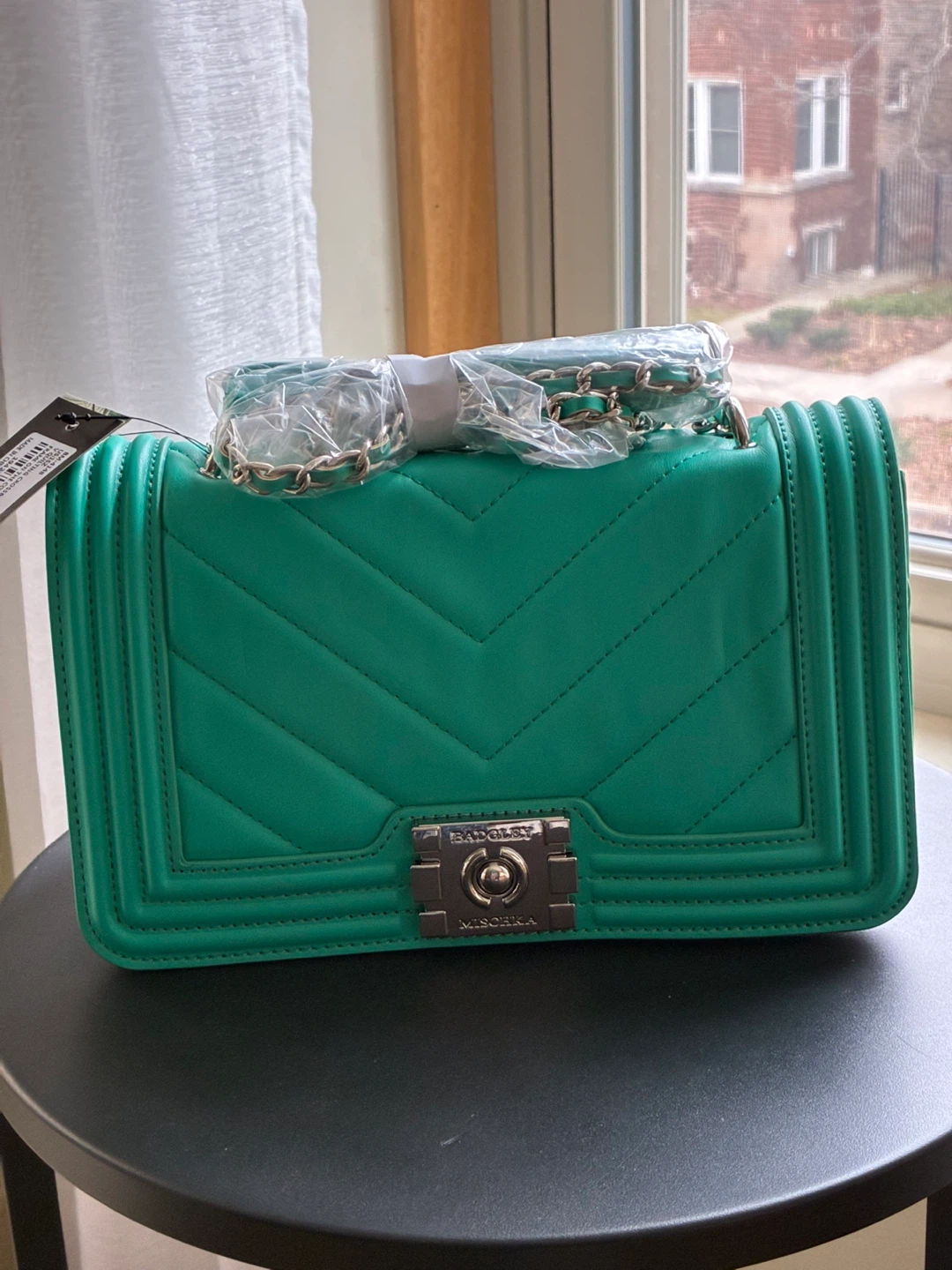 Badgley Mischka Green Chevron Flap Handbag