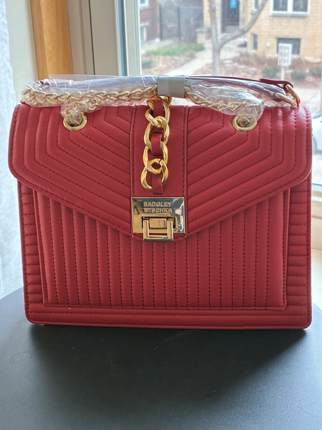 Badgley Mischka Red Quilted Chain Shoulder Bag
