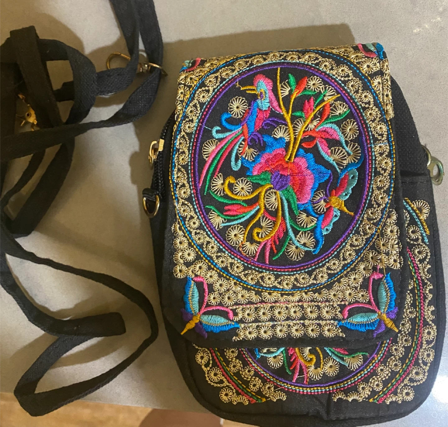 Embroidered Black Crossbody Phone Bag