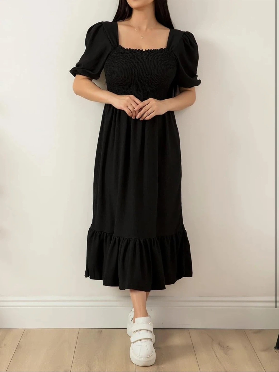Black Puff Sleeve Midi Dress