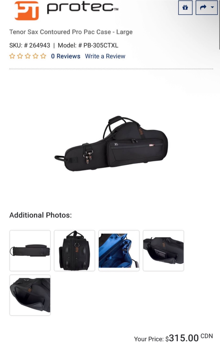 Protec Tenor Sax Contoured Pro Pac Case - Large