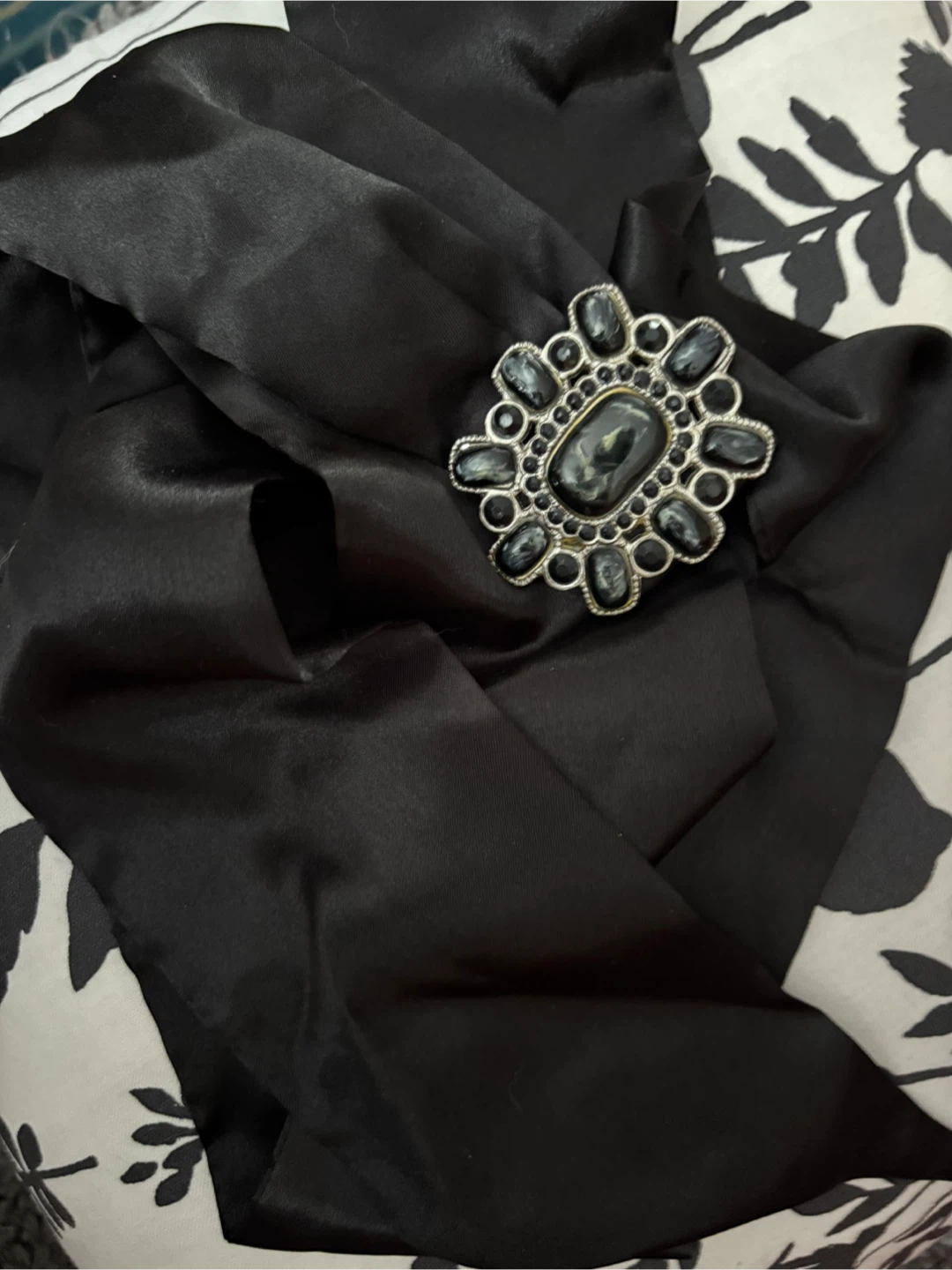 Vintage Black Satin Scarf with Decorative Brooch - photo 4