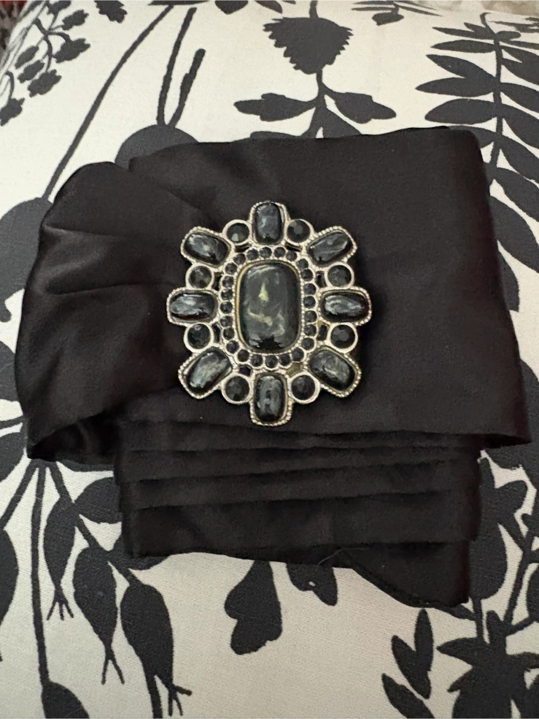 Vintage Black Satin Scarf with Decorative Brooch