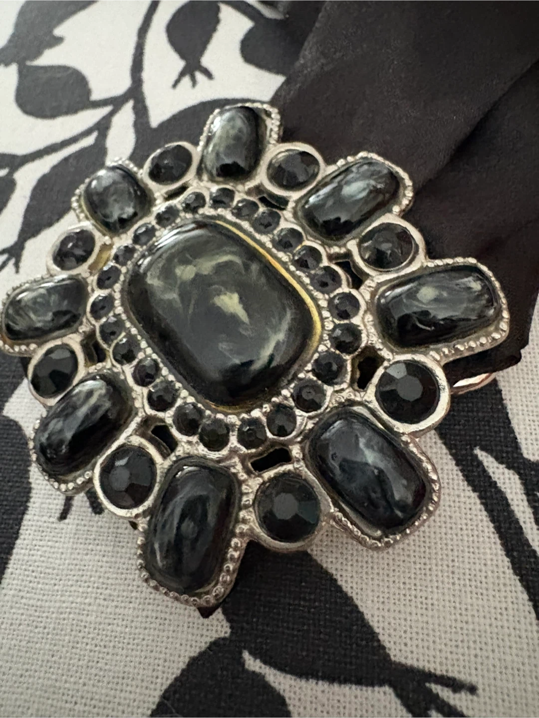 Vintage Black Satin Scarf with Decorative Brooch - photo 3