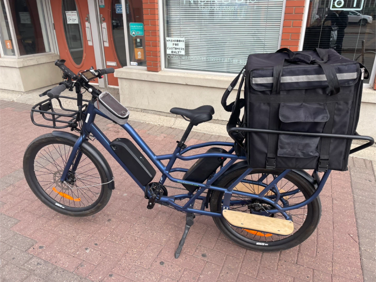 Blue Electric Cargo Bike with Large Insulated Bag