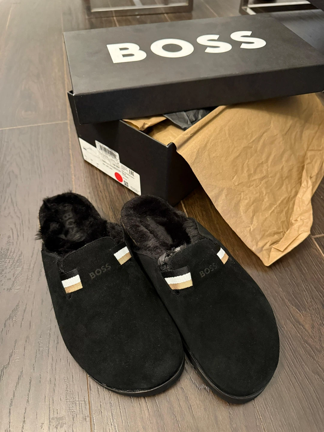 Brand new BOSS Black Suede Fur Lined Slippers - Size 41