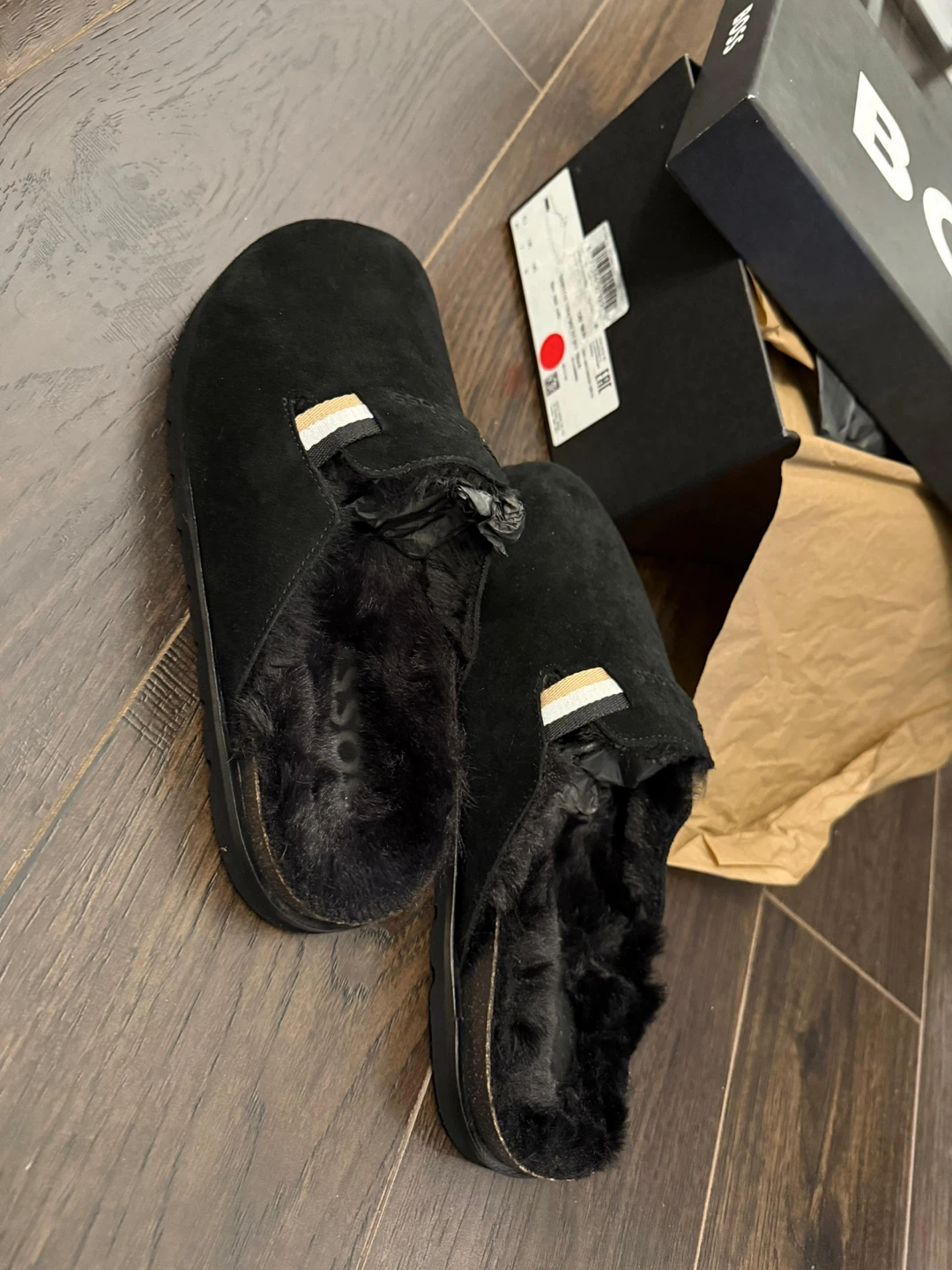 Brand new BOSS Black Suede Fur Lined Slippers - Size 41 - photo 3