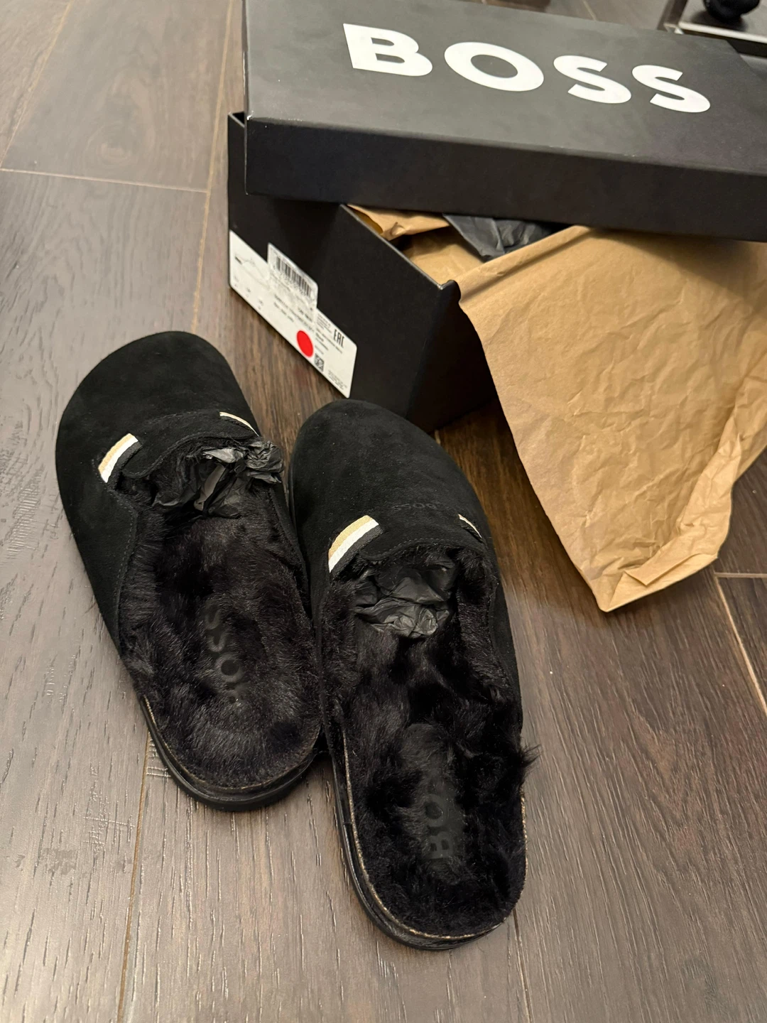 Brand new BOSS Black Suede Fur Lined Slippers - Size 41 - photo 2