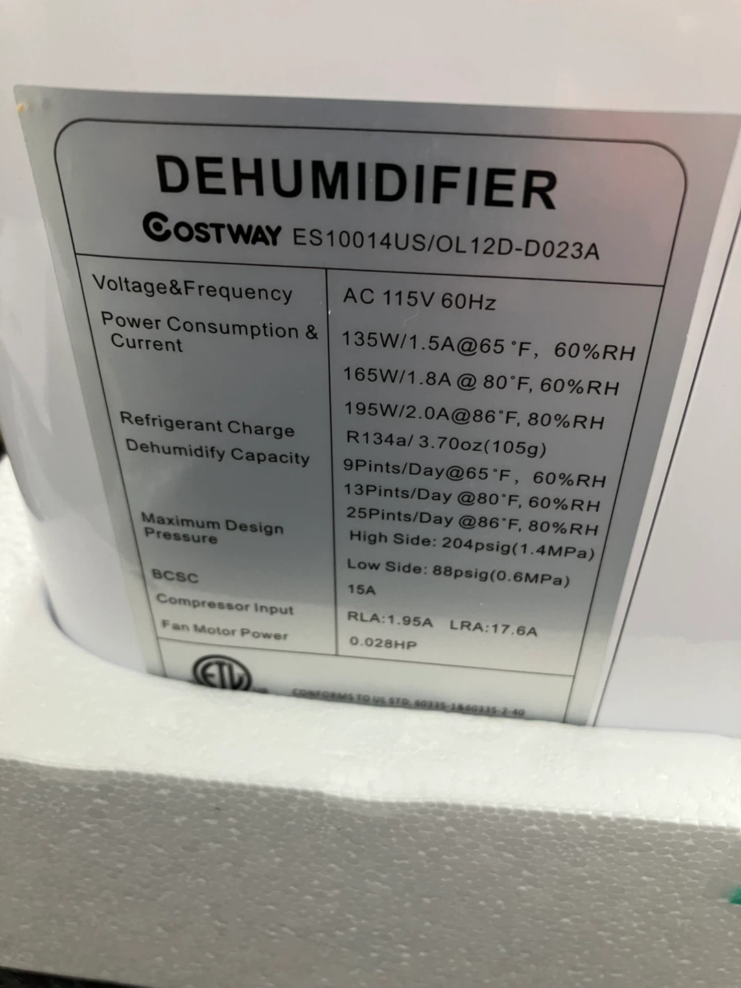 Costway Dehumidifier ES10014US/OL12D-D023A - photo 2
