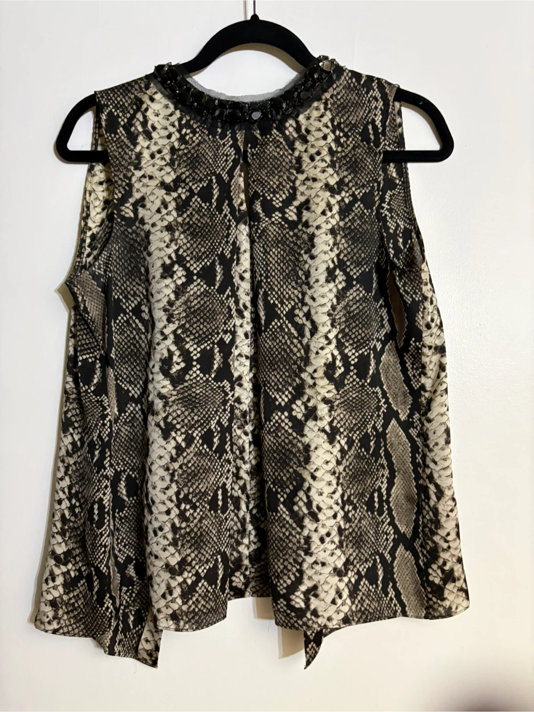 Women's Sleeveless Snake Print Blouse with Embellished Neckline