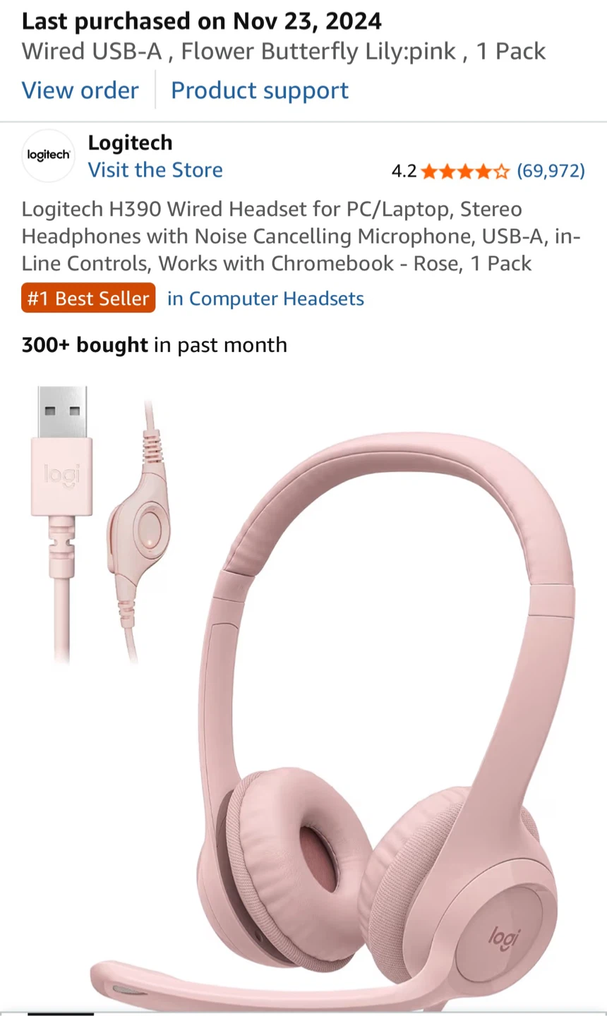 Logitech H390 Wired Headset - Rose Pink
