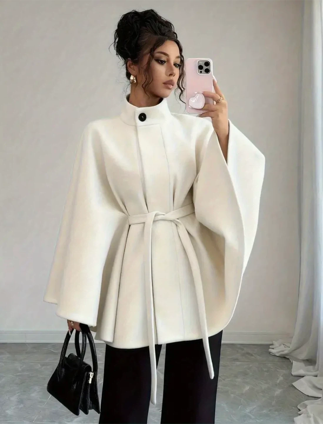 New Women's White Cape Coat with Belt