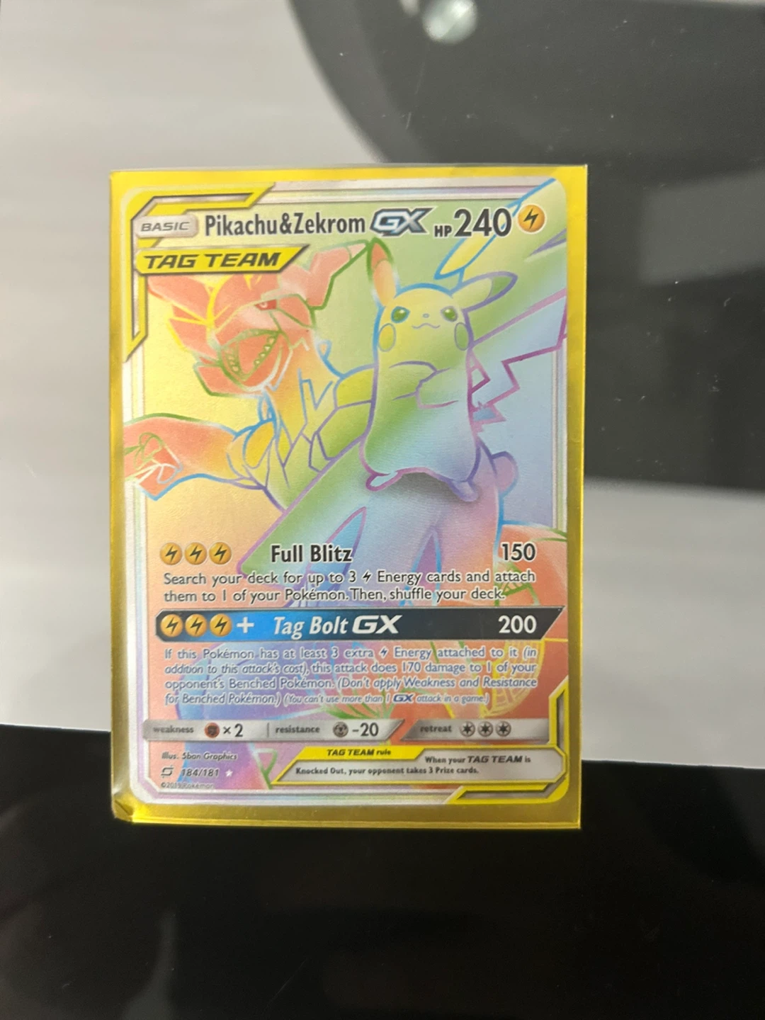 Pokémon Pikachu & Zekrom GX Rainbow Rare (184/181) Tag Team Card