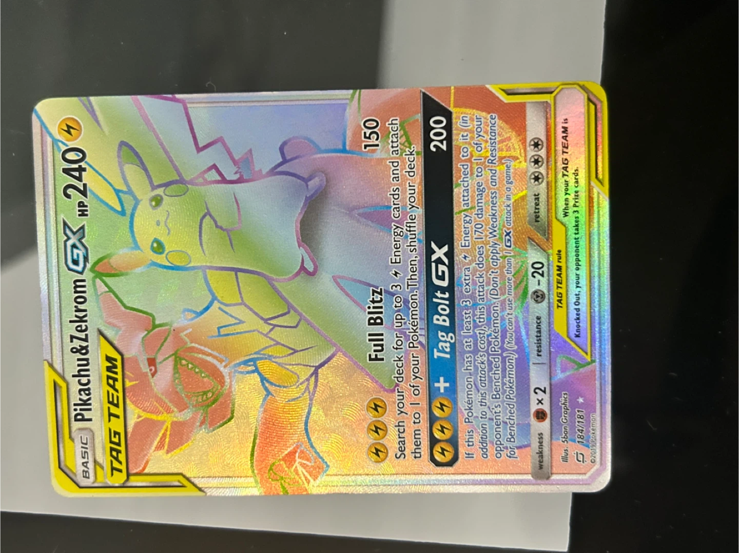 Pokémon Pikachu & Zekrom GX Rainbow Rare (184/181) Tag Team Card - photo 2