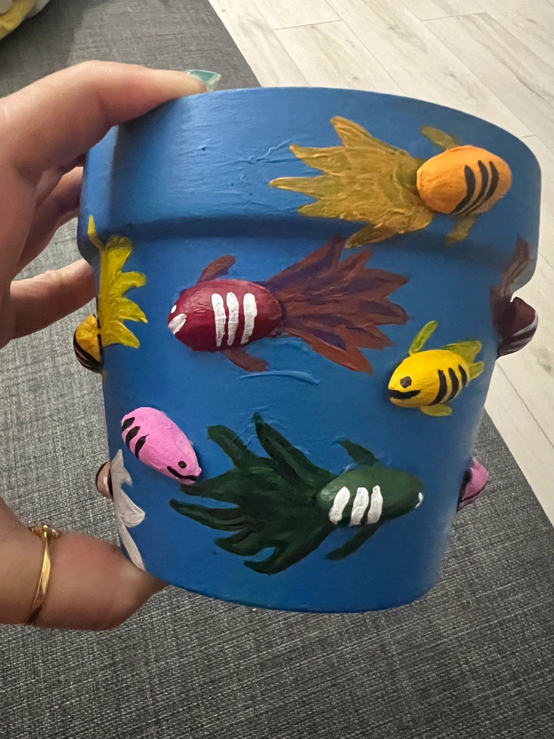 Hand-painted Blue Planter with Fish Design - photo 3