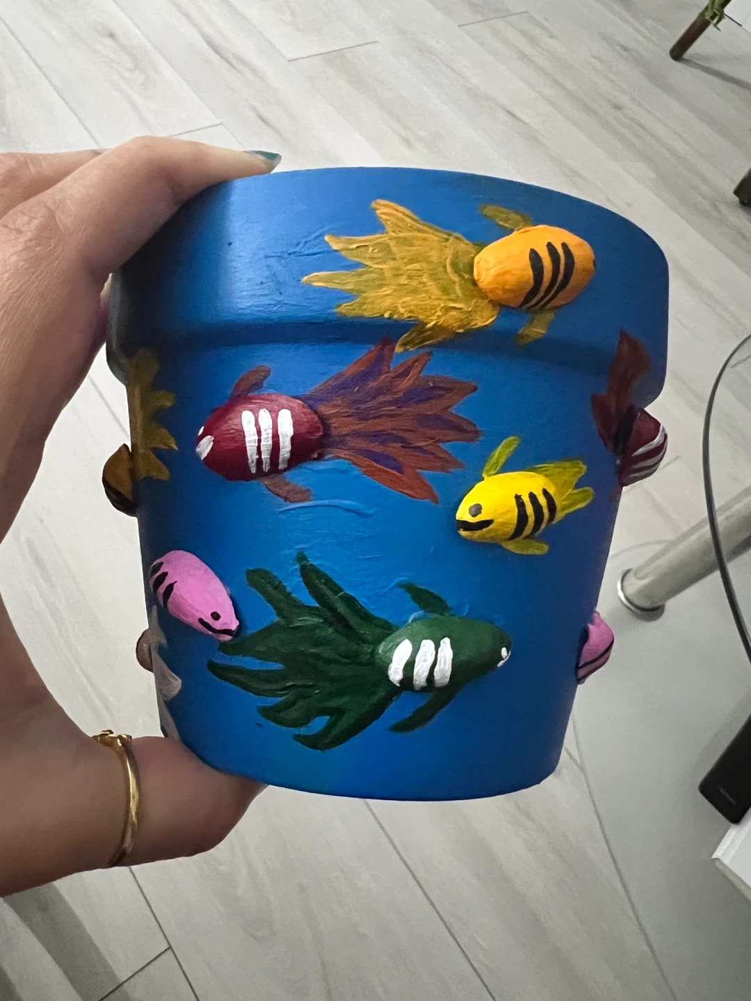 Hand-painted Blue Planter with Fish Design