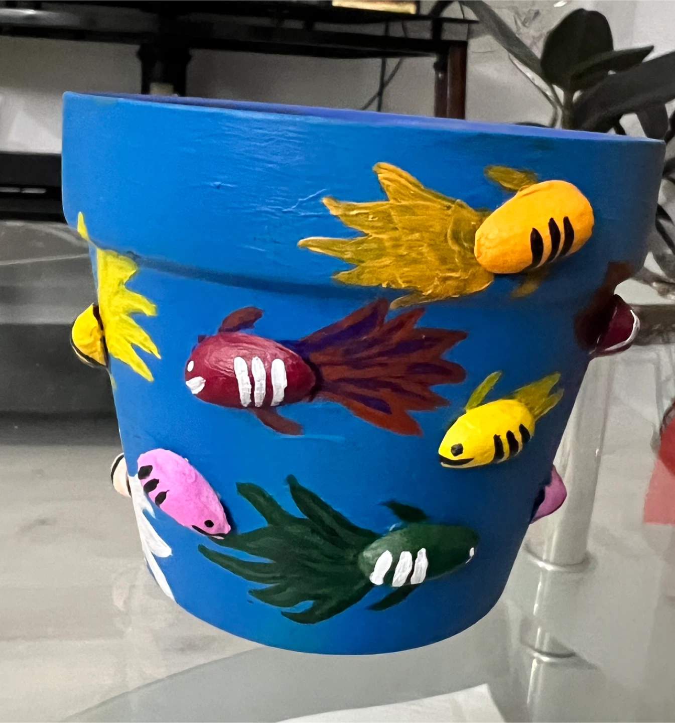 Hand-painted Blue Planter with Fish Design - photo 2
