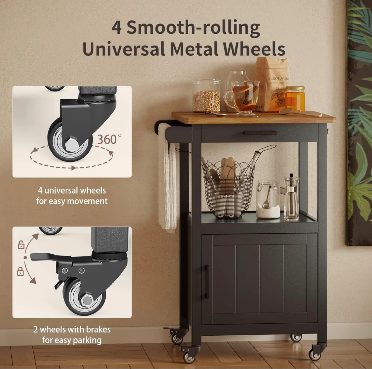 Kitchen Island Cart with Rubber Wood Top - photo 2