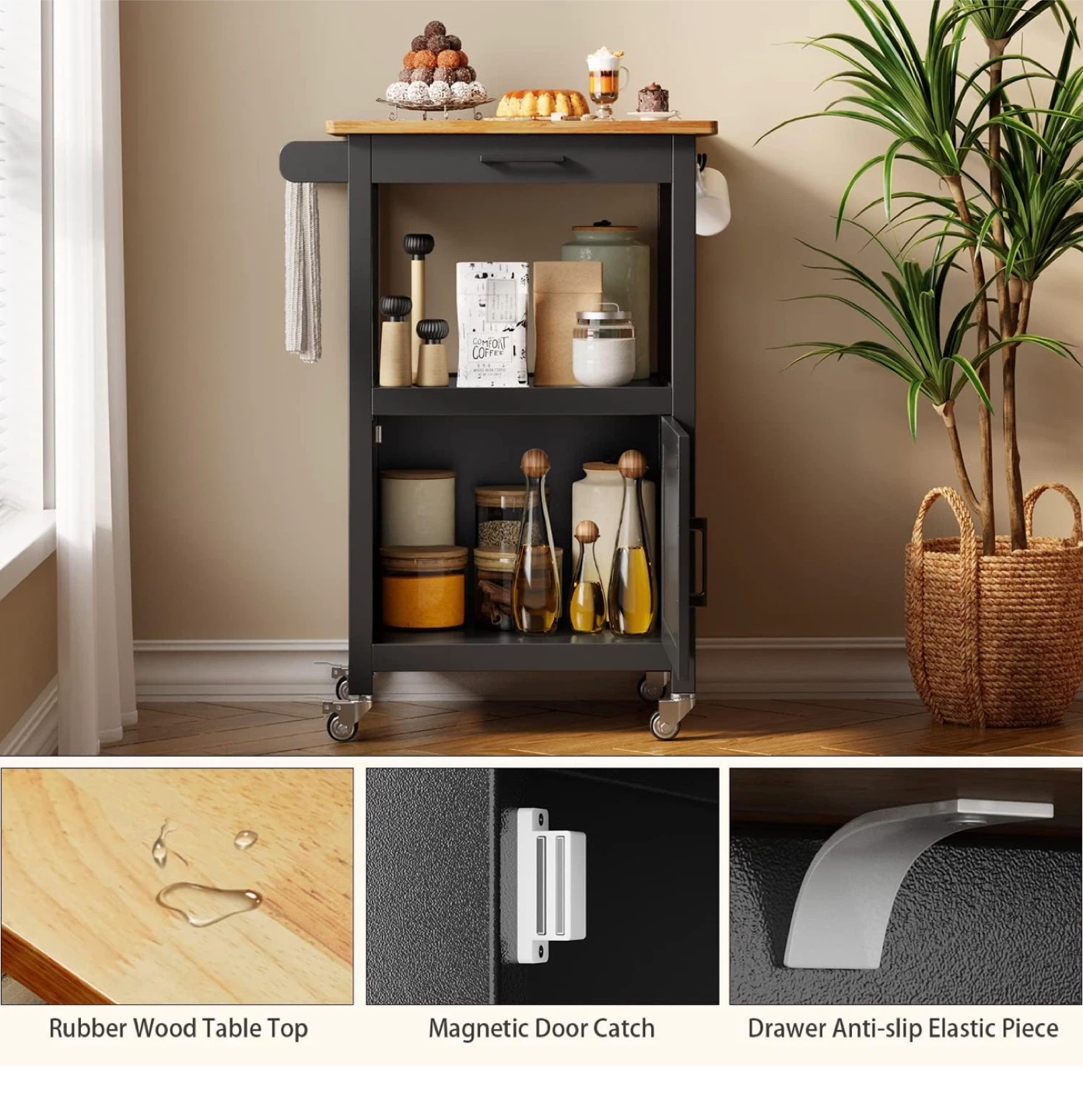 Kitchen Island Cart with Rubber Wood Top