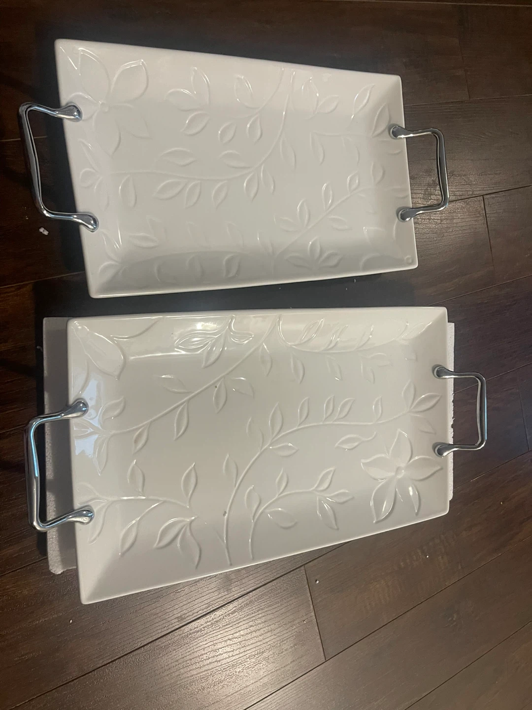 Set of 2 White Porcelain Serving Trays with Handles