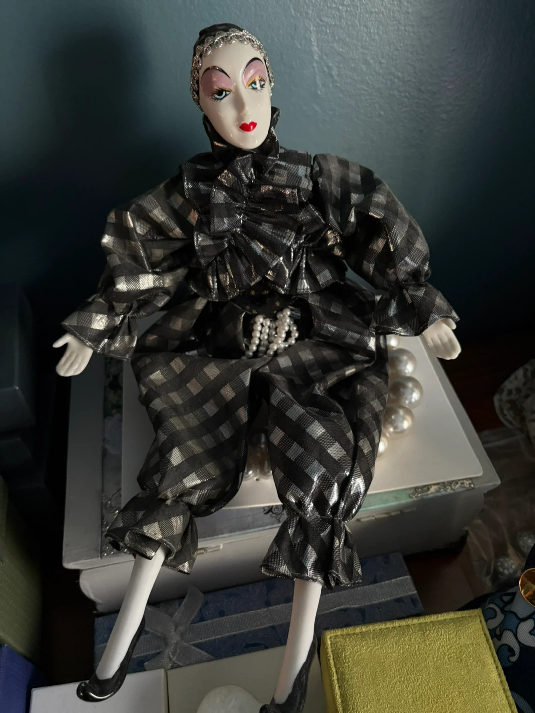 Vintage Porcelain Harlequin Doll with Black and Silver Outfit